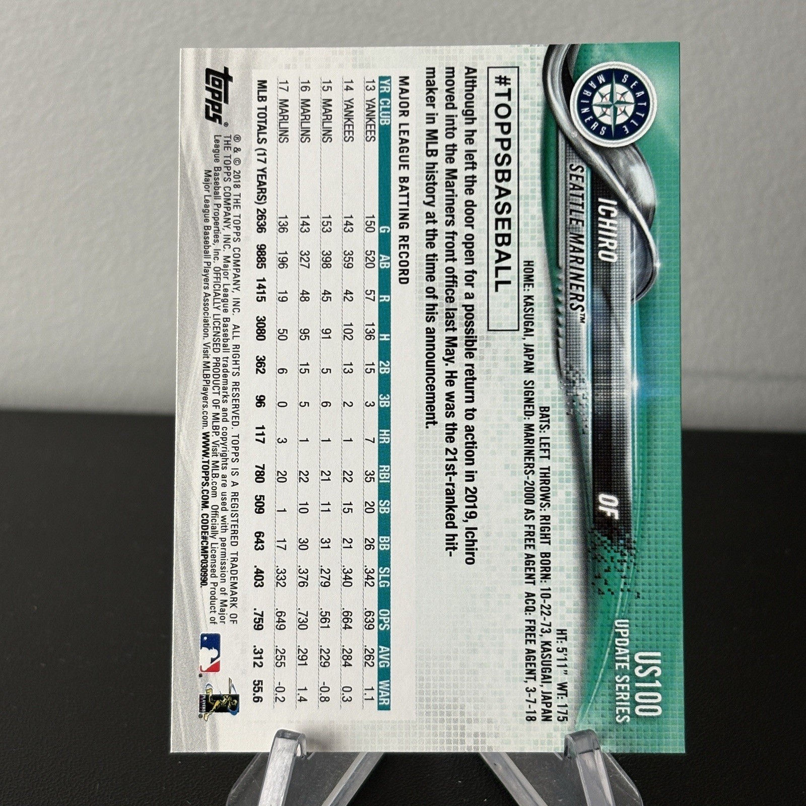 2018 Topps Update Series – Ichiro Suzuki #US100 Seattle Mariners Baseball Card