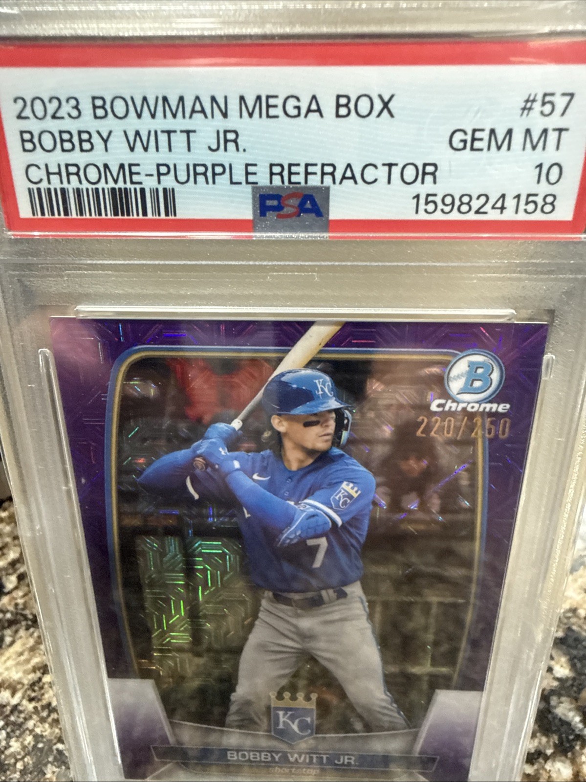 2023 Bowman Chrome Mega Box Purple Refractor Bobby Witt Jr #57 220/250 PSA-10