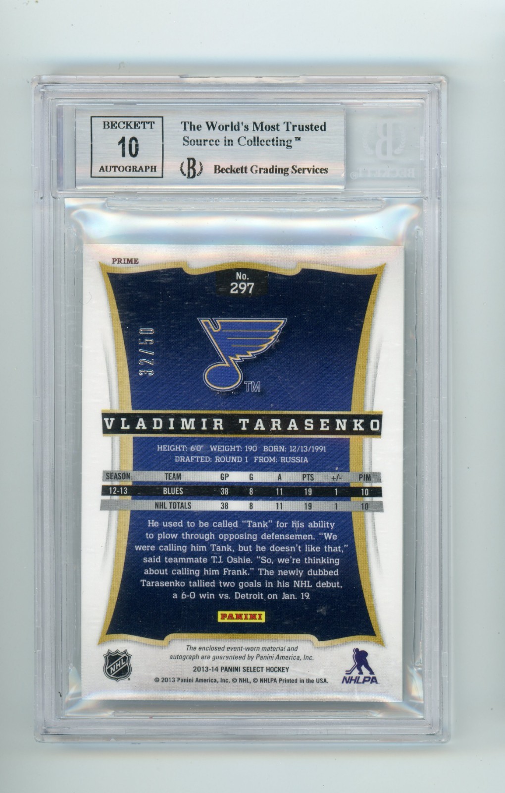 2013-14 Panini Select Vladimir Tarasenko Prime Rookie Patch Auto RPA /50 BGS 9