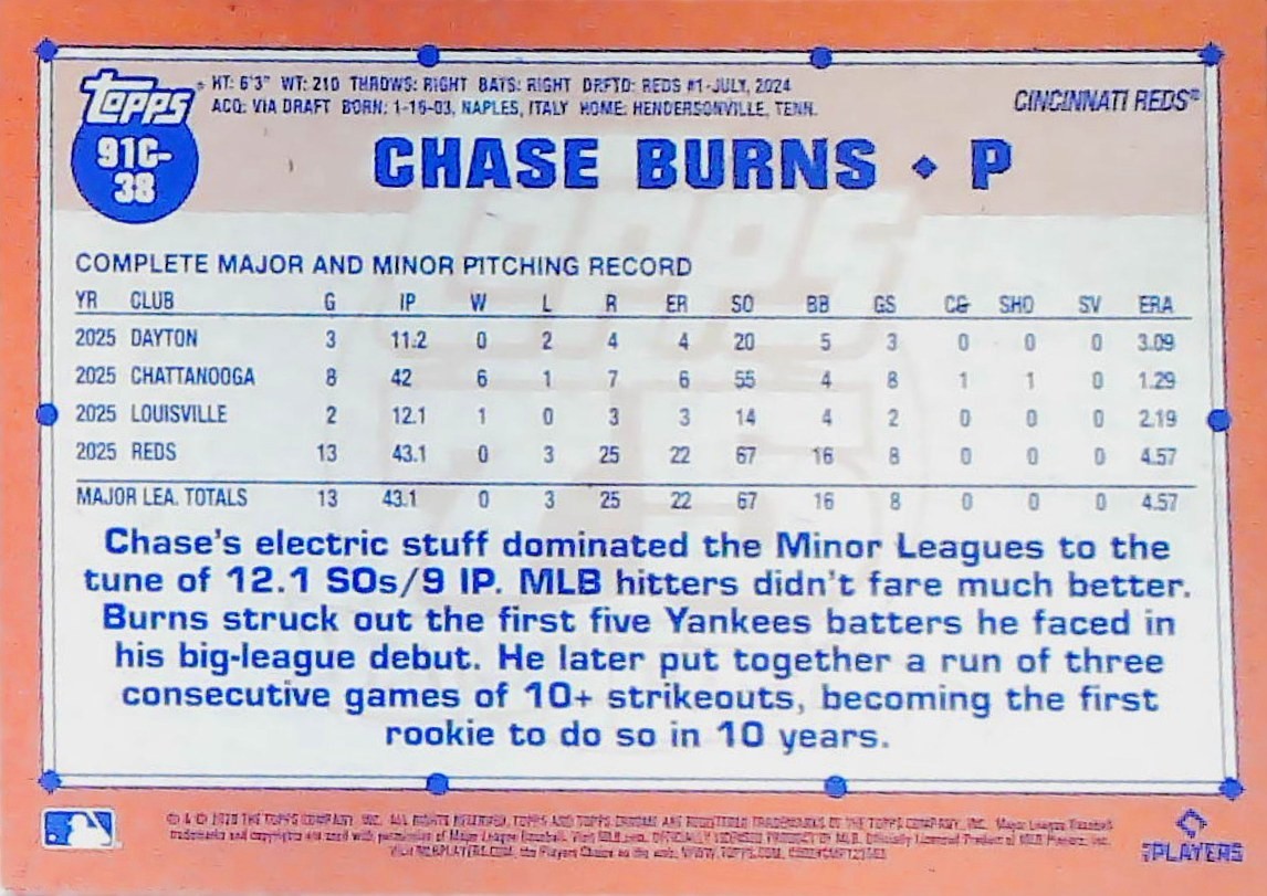 2026 TOPPS SERIES 1 SILVER PACK 1991 CHROME MOJO 91C-38 CHASE BURNS REDS 🔥🔥🔥