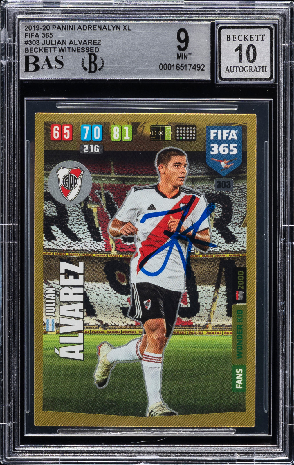 2019-20 Panini Adrenalyn XL FIFA 365 Julian Alvarez #303 RC BGS 9 BAS 10 Auto