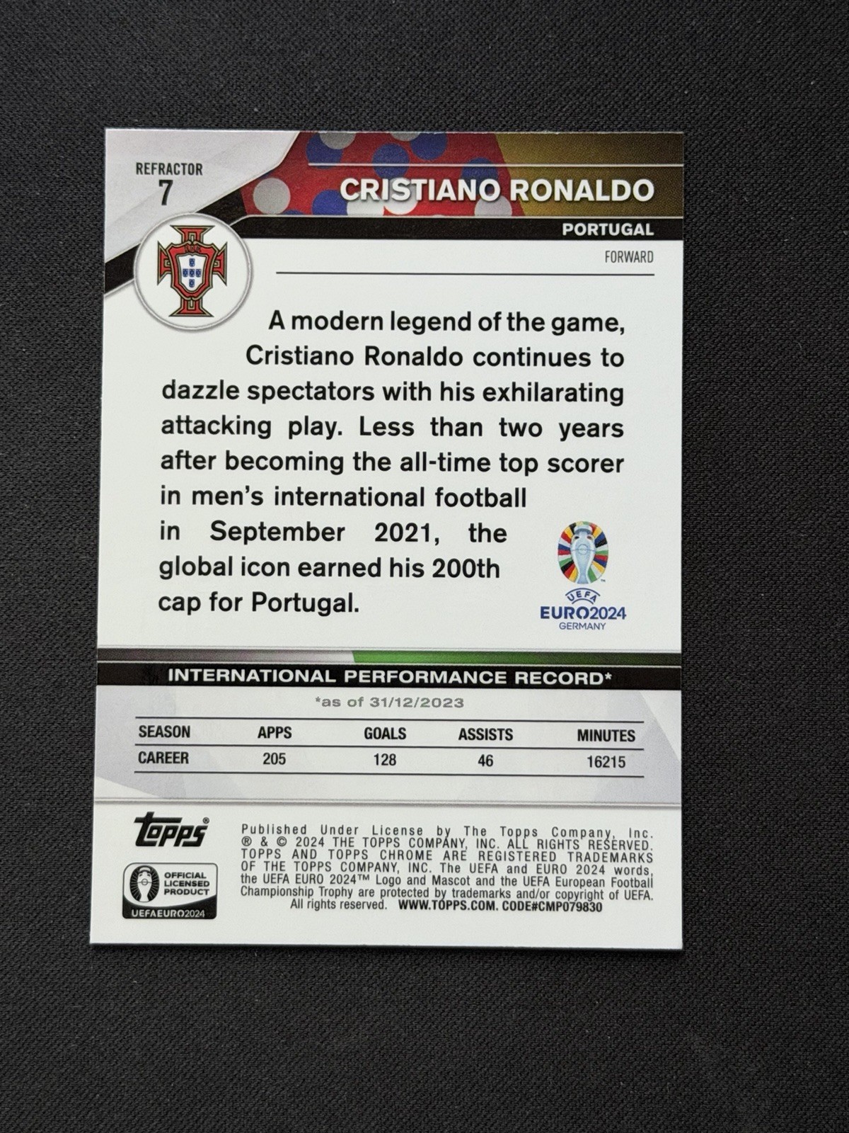 2024 CRISTIANO RONALDO TOPPS CHROME #7UEFA EURO 2024 REFRACTOR SP Portugal