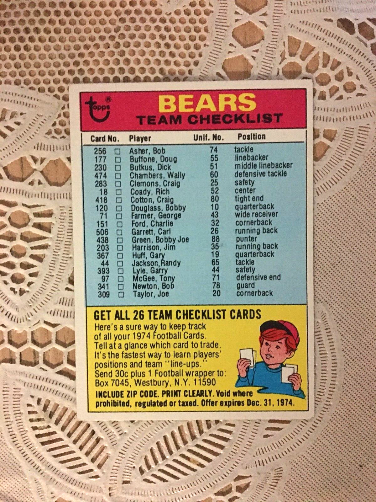 VINTAGE 1974 TOPPS CHICAGO BEARS TEAM CHECKLIST EX NO MARKS