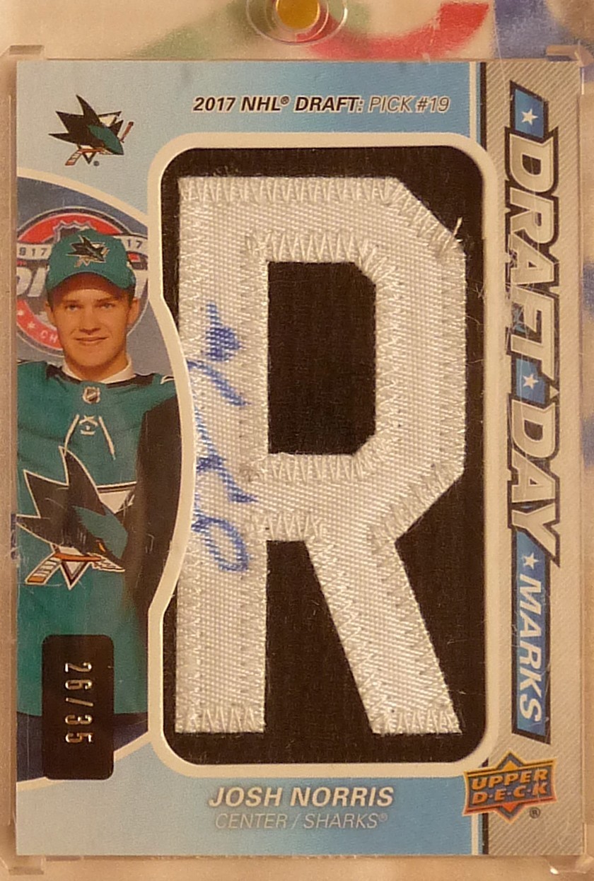 Josh Norris 2020-21 SP Game Used Draft Day Marks Letter “R” Autograph /35