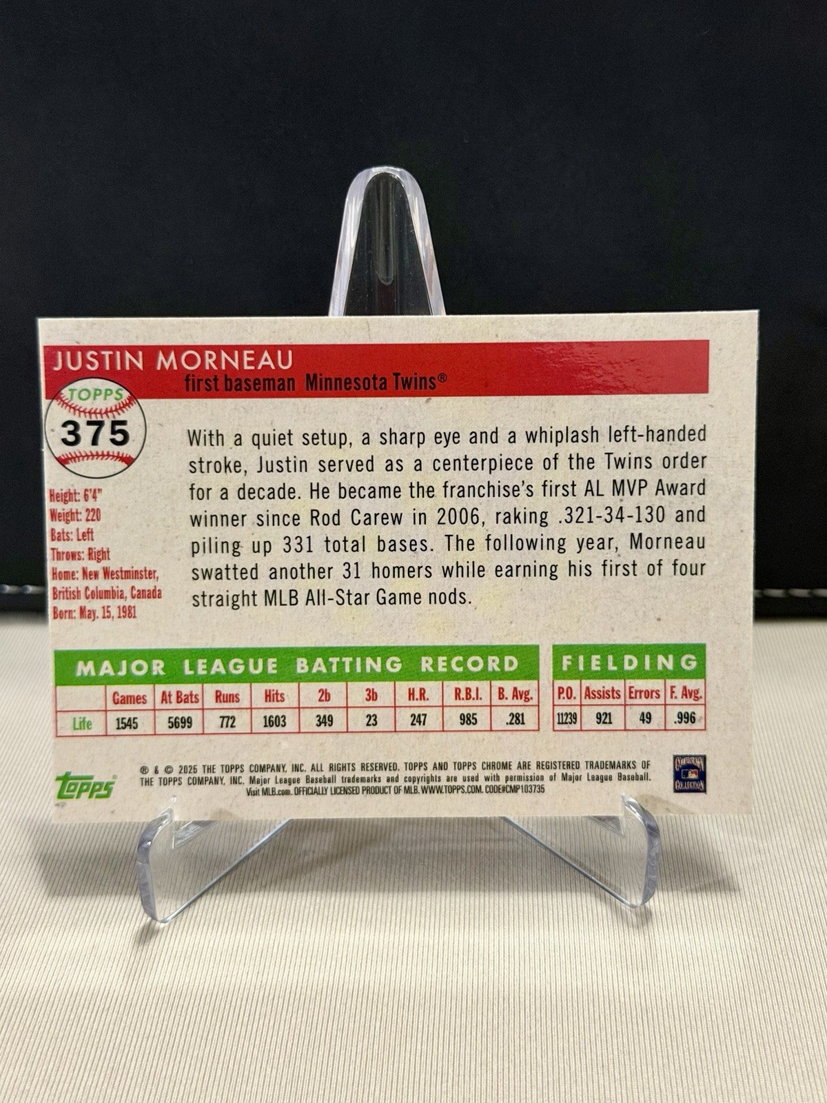 2025 Topps Platinum Justin Morneau Minnesota Twins Pink Toile #375 #/100
