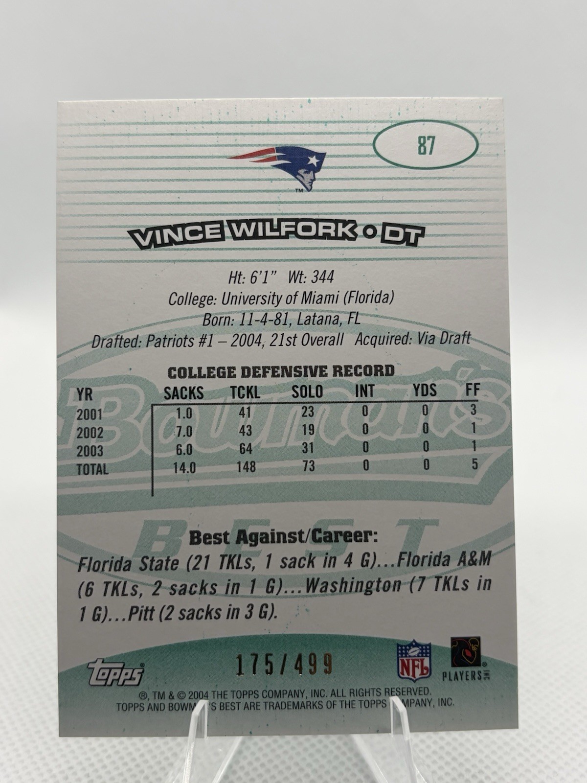 2004 Bowman’s Best – Vince Wilfork #87 Green /499 (RC)