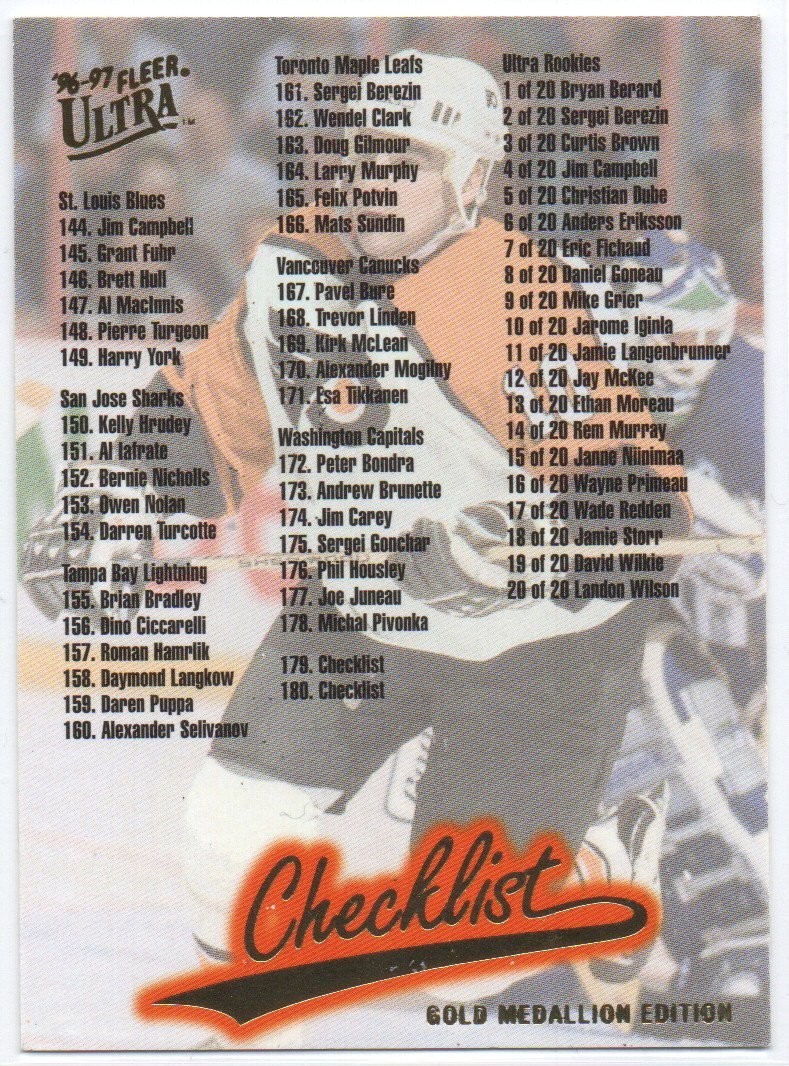 1996-97 Ultra Gold Medallion #G180 Checklist 143-180 & Inserts (Gretzky Lemieux)
