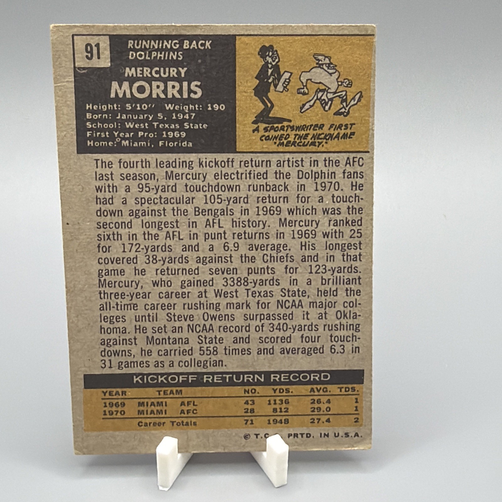 Mercury Morris Rookie Card – 1971 Topps #91 (RC) – See Pictures For Condition