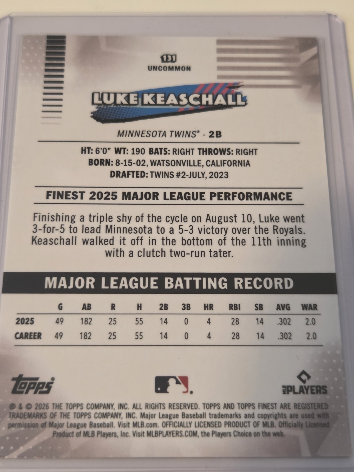 Luke Keaschall #131 Uncommon Green X-Fractor /99 2026 Topps Finest