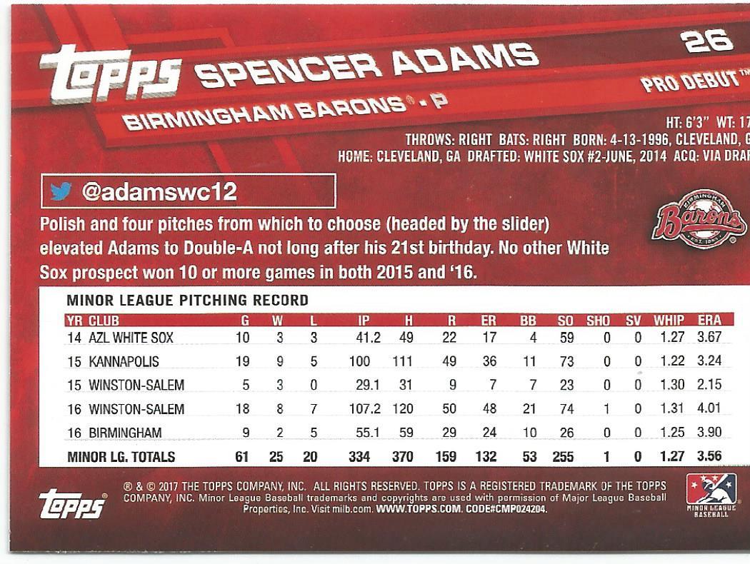 Spencer Adams Chicago White Sox 2017 Topps Pro Debut