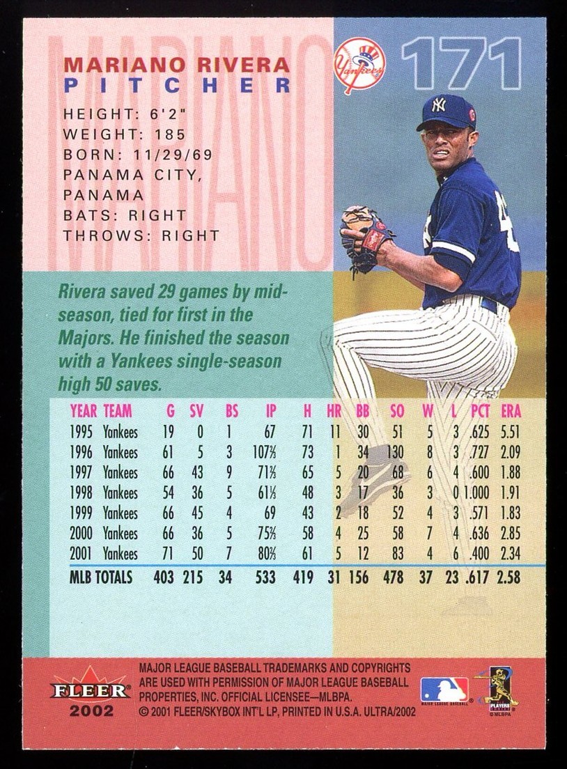 2002 FLEER ULTRA #171 BASE MARIANO RIVERA YANKEES NM+ FRONT & BACK PICS