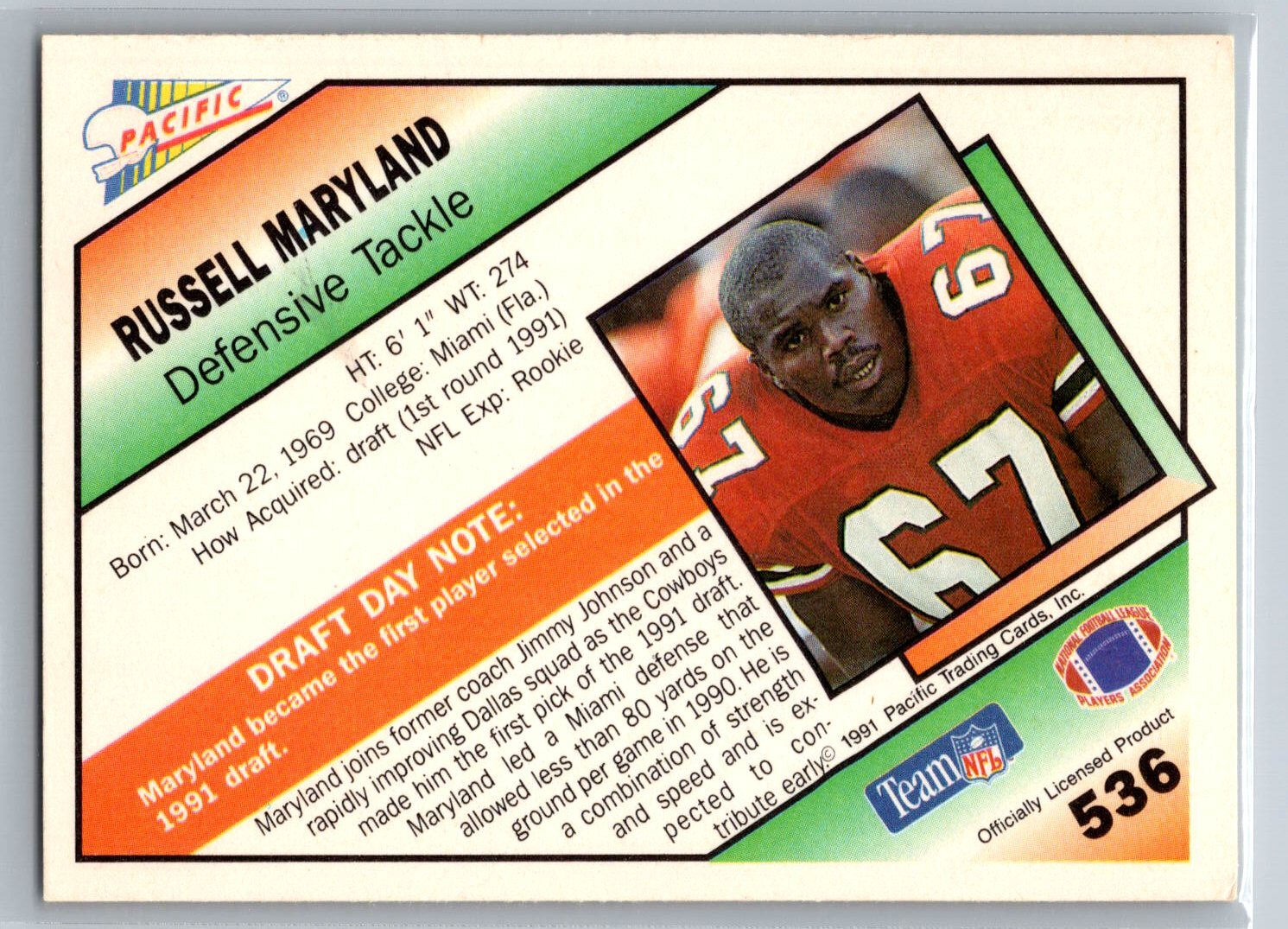 1991 Pacific Russell Maryland Rookie Dallas Cowboys RC #536