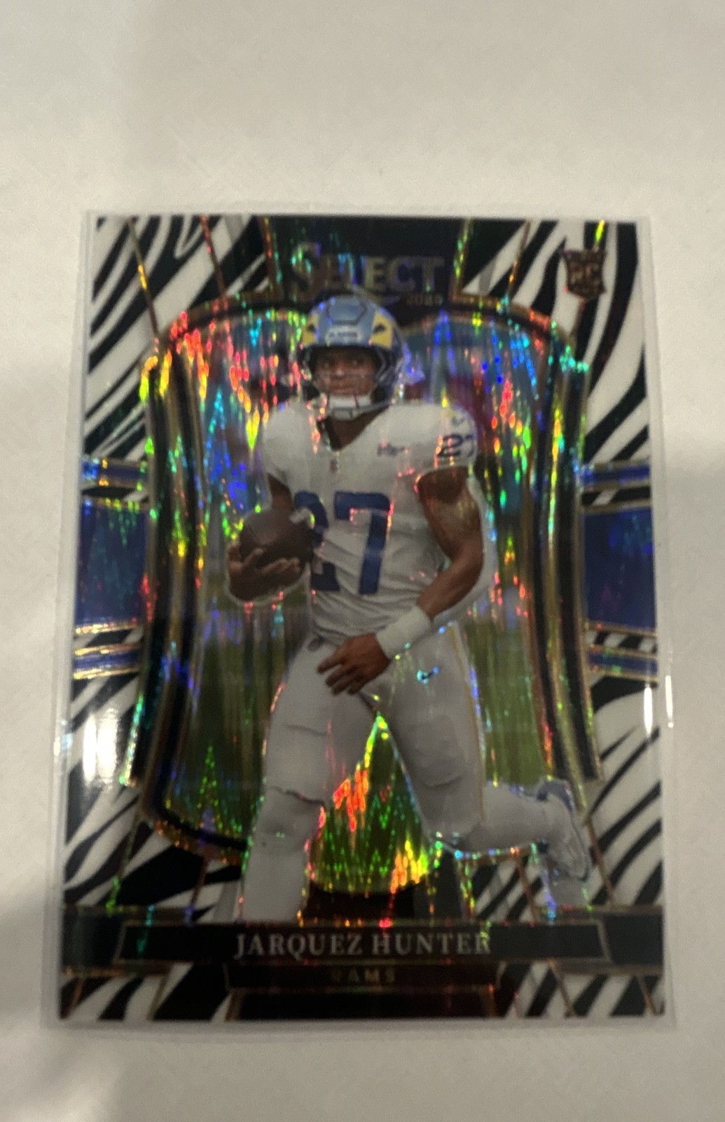 2025 Panini Select – Jarquez Hunter #119 – Premier Level Zebra Shock Prizm (RC)