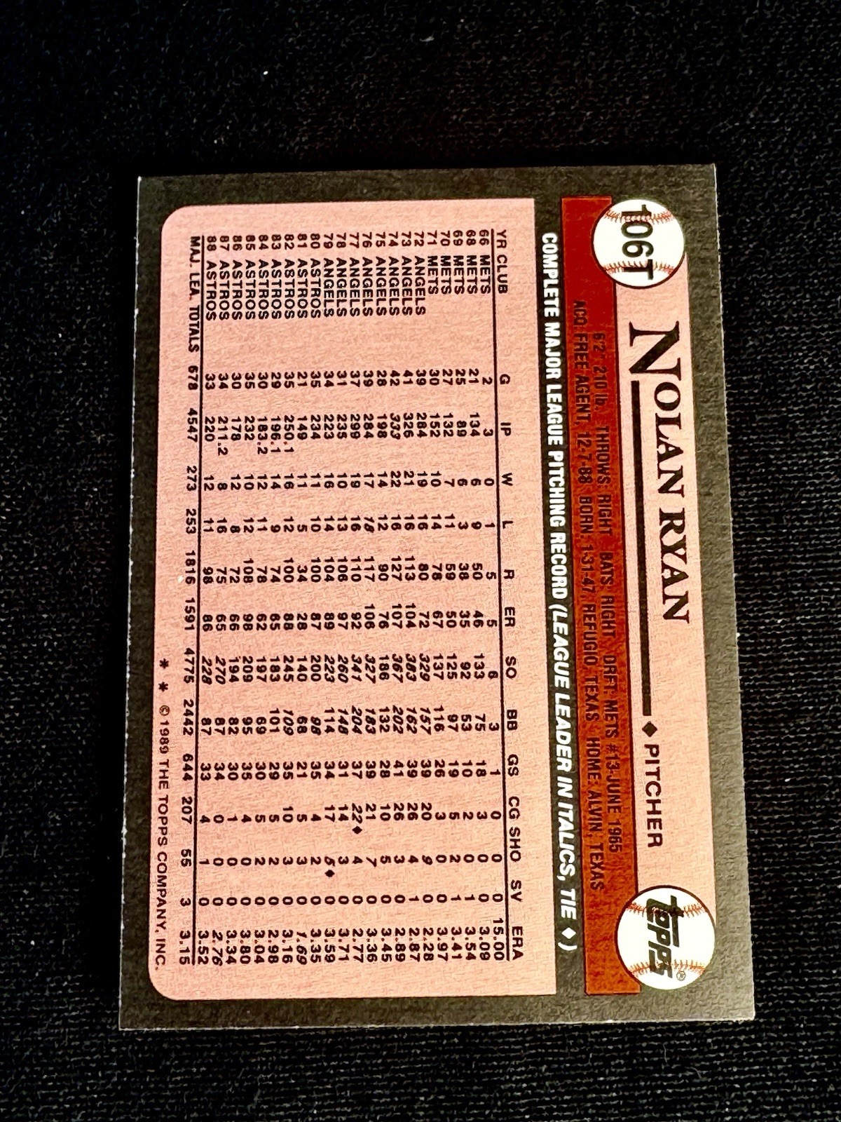 1989 Topps Traded Nolan Ryan #106T Texas Rangers MLB HOF ICON Most Strikeouts
