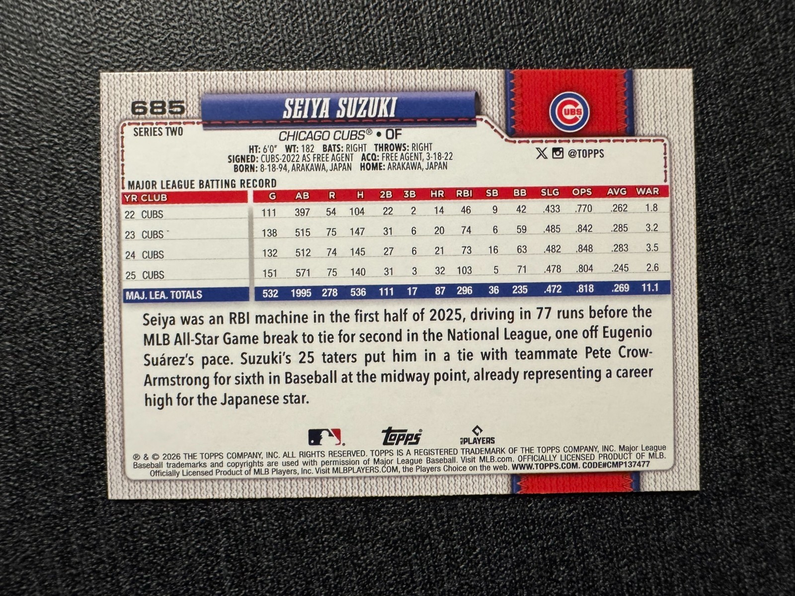 Seiya Suzuki #685 REFRACTOR – 2026 Topps Series 2 MLB Baseball