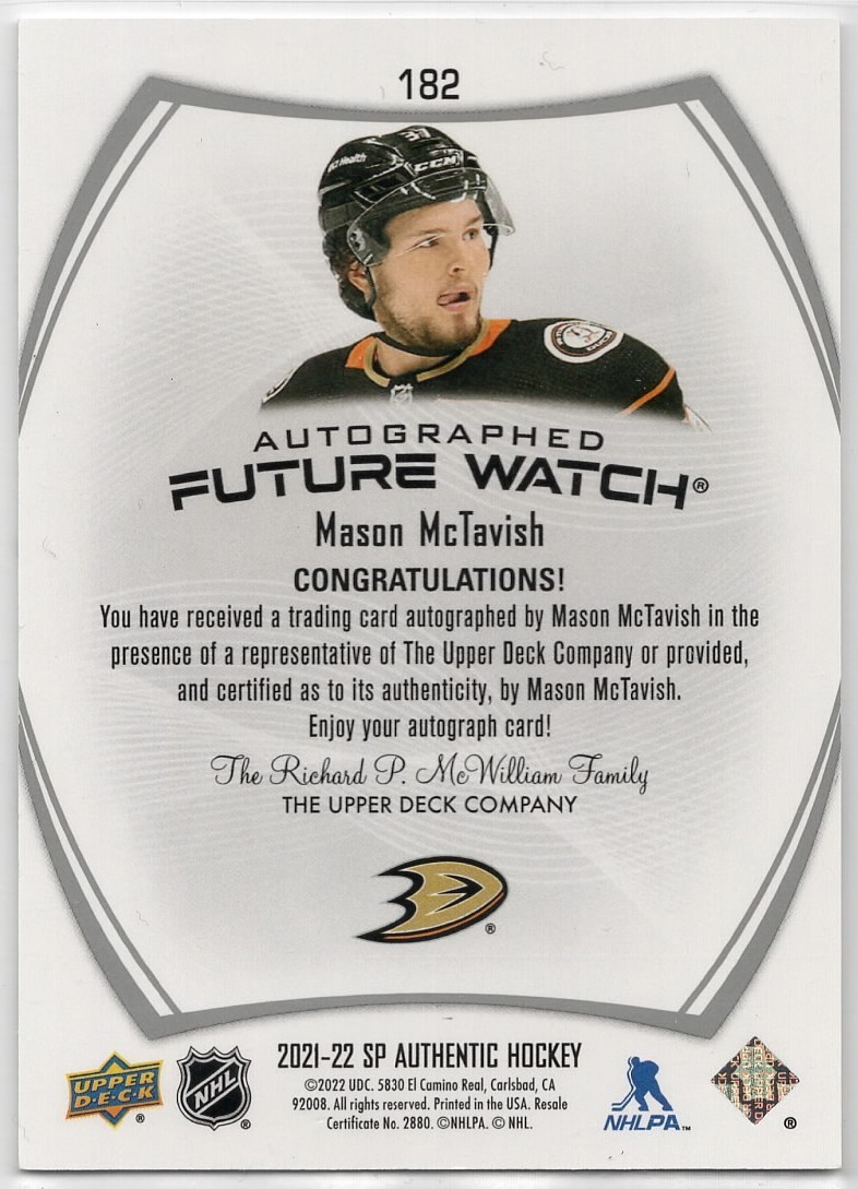 2021-22 SP Authentic Mason McTavish #182 Ducks Future Watch Inscribed Auto /999
