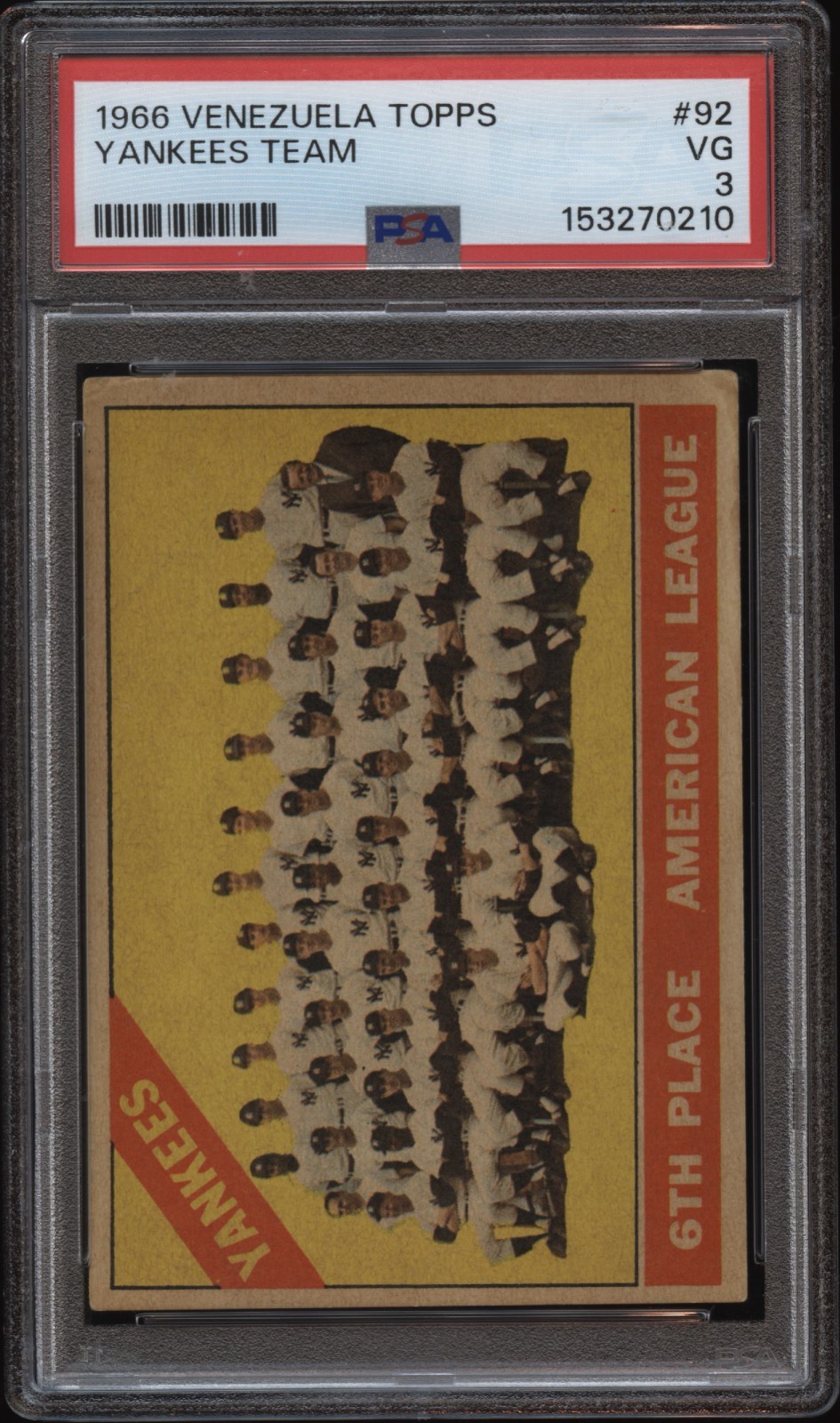 1966 Topps Venezuela Yankees Team #92 PSA 3 VG Mickey Mantle Era Rare