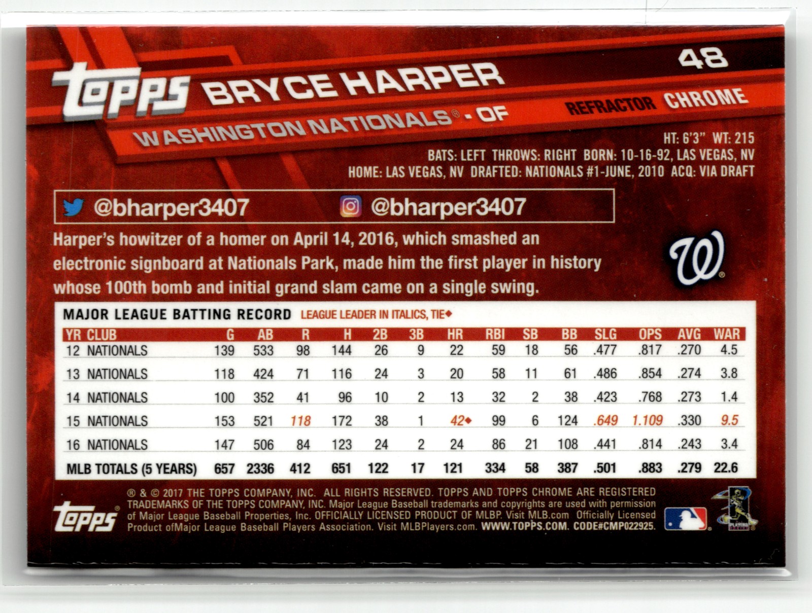 Bryce Harper 2017 Topps Chrome #48 Sepia Refractor