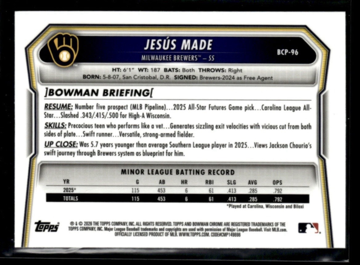 Jesus Made 2026 Bowman Chrome Mega Box Mojo Sky Blue /499 Refractor BCTP-96 Brew