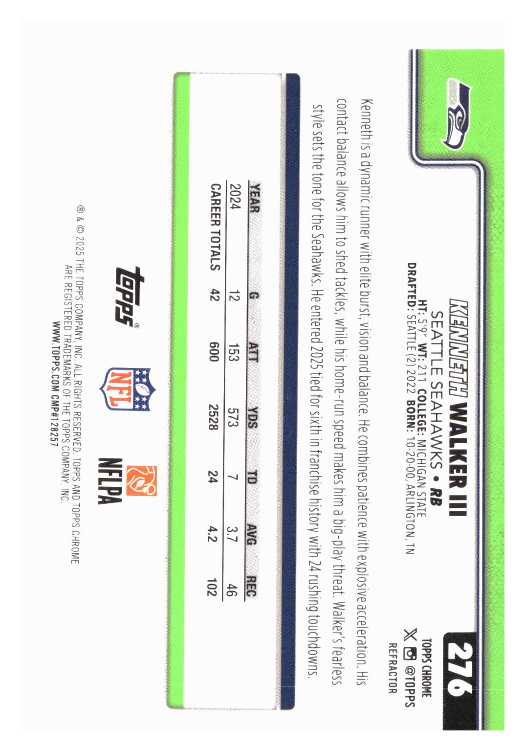 2025 Topps Chrome #276 Kenneth Walker III Refractor