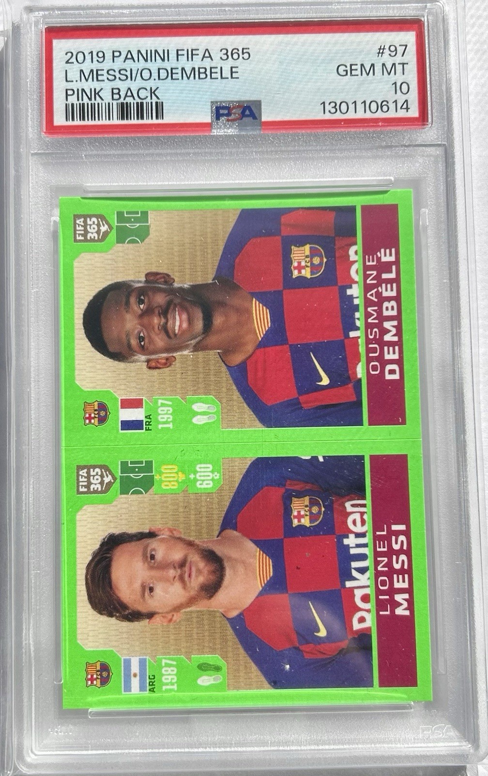 2019 Panini FIFA 365 Messi / Dembele Pink Back Sticker PSA 10