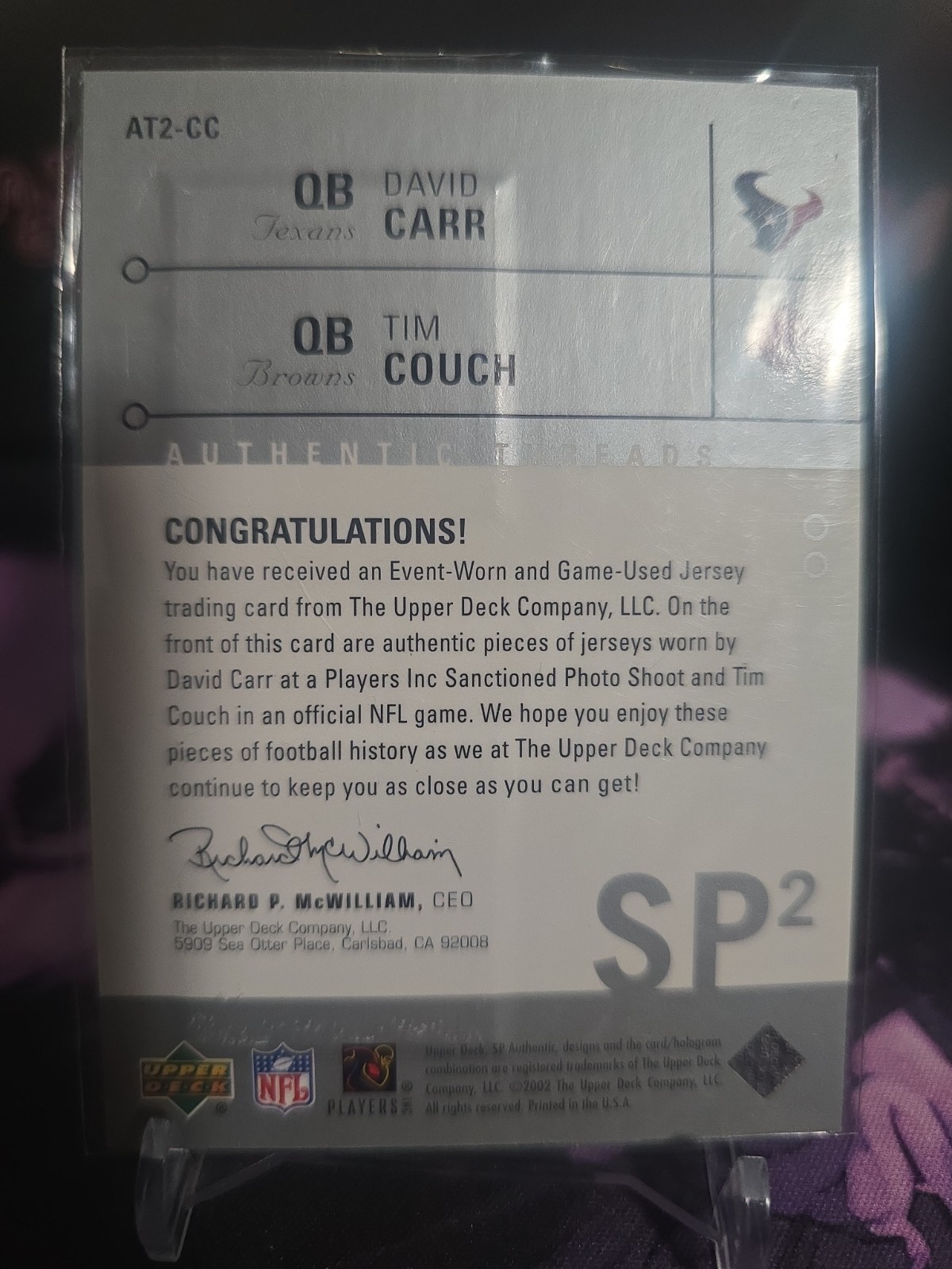 2002 SP Authentic – Threads Double Tim Couch, David Carr #AT2-CC (MEM, RC)