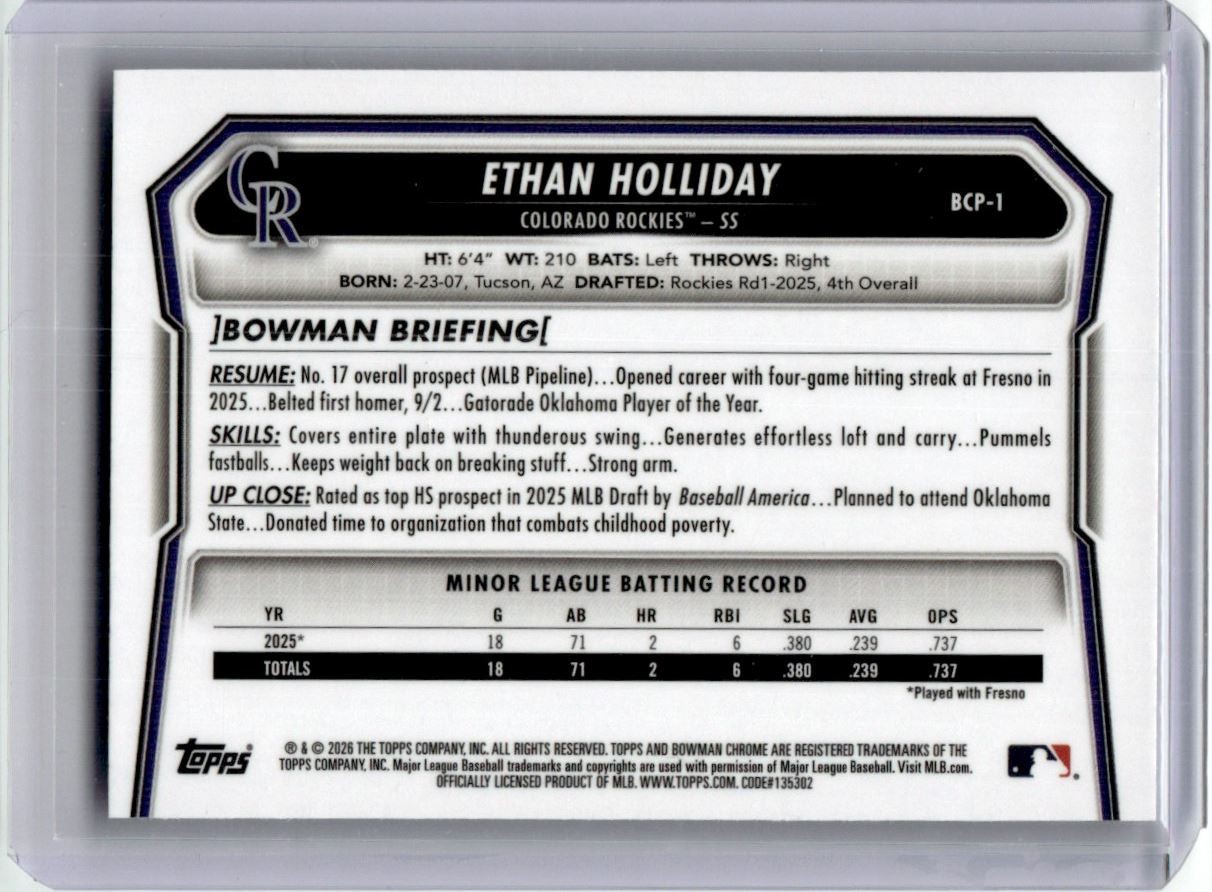 ETHAN HOLLIDAY 2026 BOWMAN CHROME MINI DIAMOND REFRACTOR #BCP-1