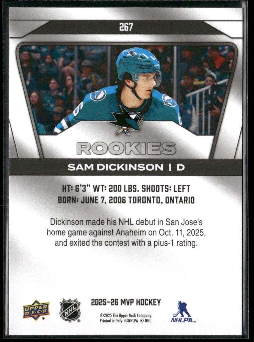 2025-26 Upper Deck MVP Silver – Rookies Sam Dickinson #267 San Jose Sharks