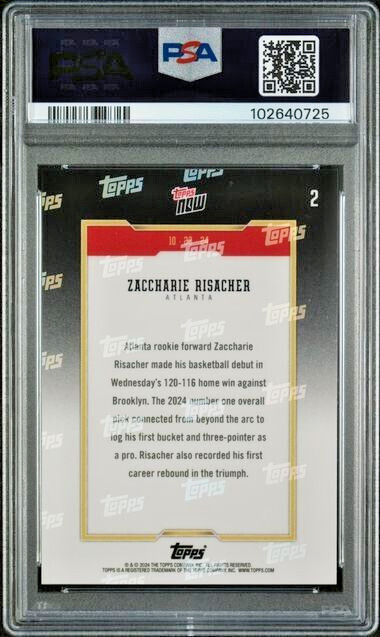 PSA 10 Zaccharie Risacher 2024 Topps Now #2 Gold #/50 Hawks Draft Pick Debut