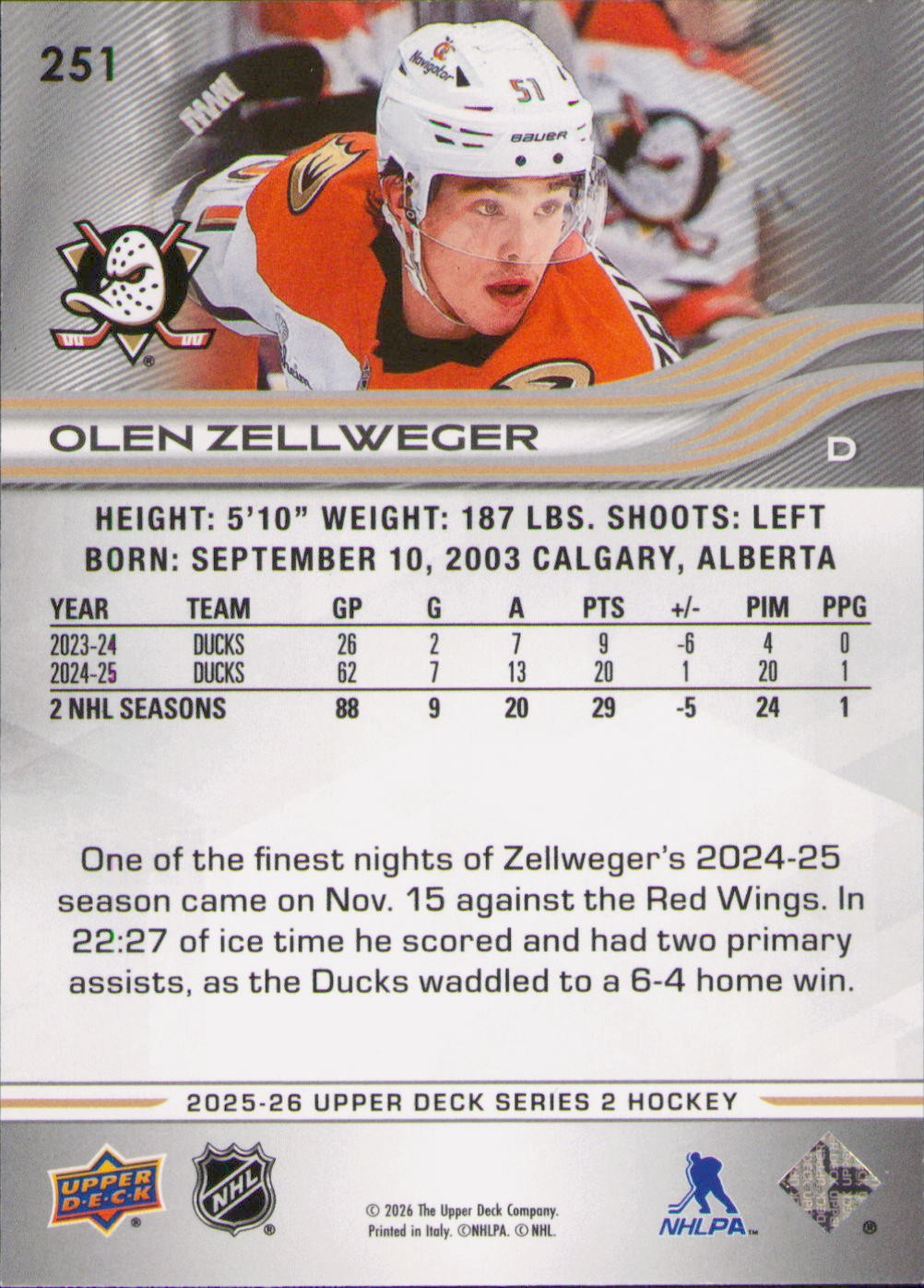 2025-26 Upper Deck #251 Olen Zellweger