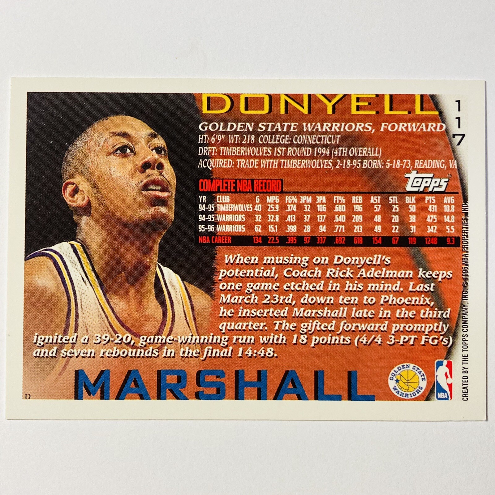 1996 Topps #117 Donyell Marshall Golden State Warriors Tc2