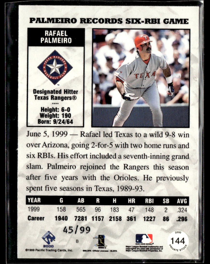 2000 Pacific Private Stock Rafael Palmeiro #144 Gold Portraits #/99