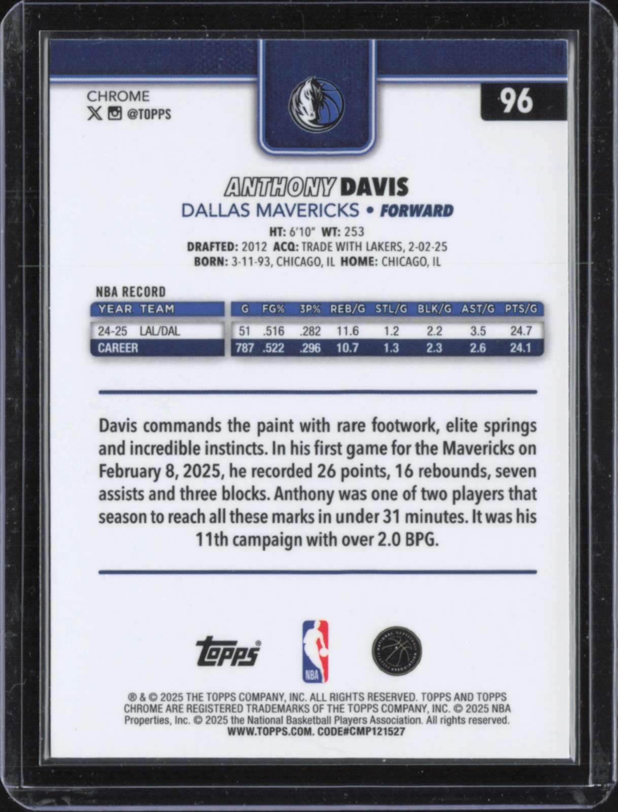 2025-26 Topps Chrome #96 Anthony Davis Red White and Blue Refractor