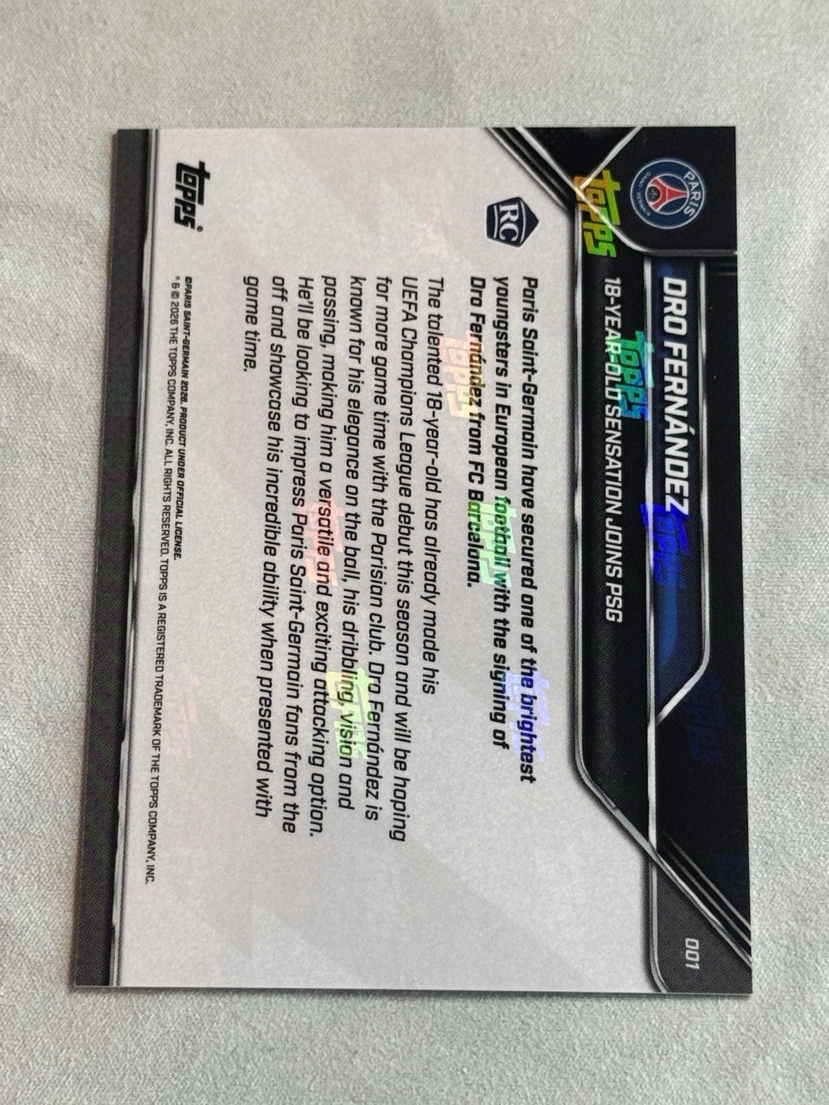 2026 Topps Now Paris Saint-Germain Dro Fernandez Rookie RC #1 PSG