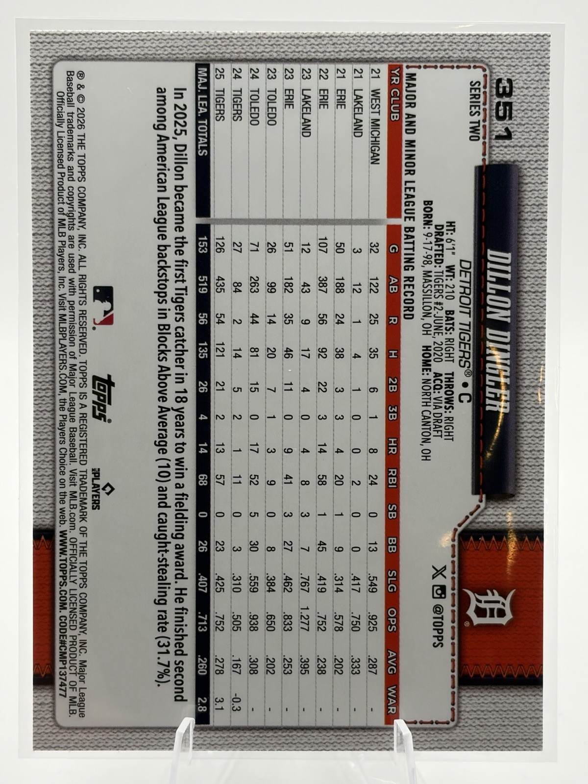 2026 Topps Series 2 Dillon Dingler Rainbow Foil 351 Tigers