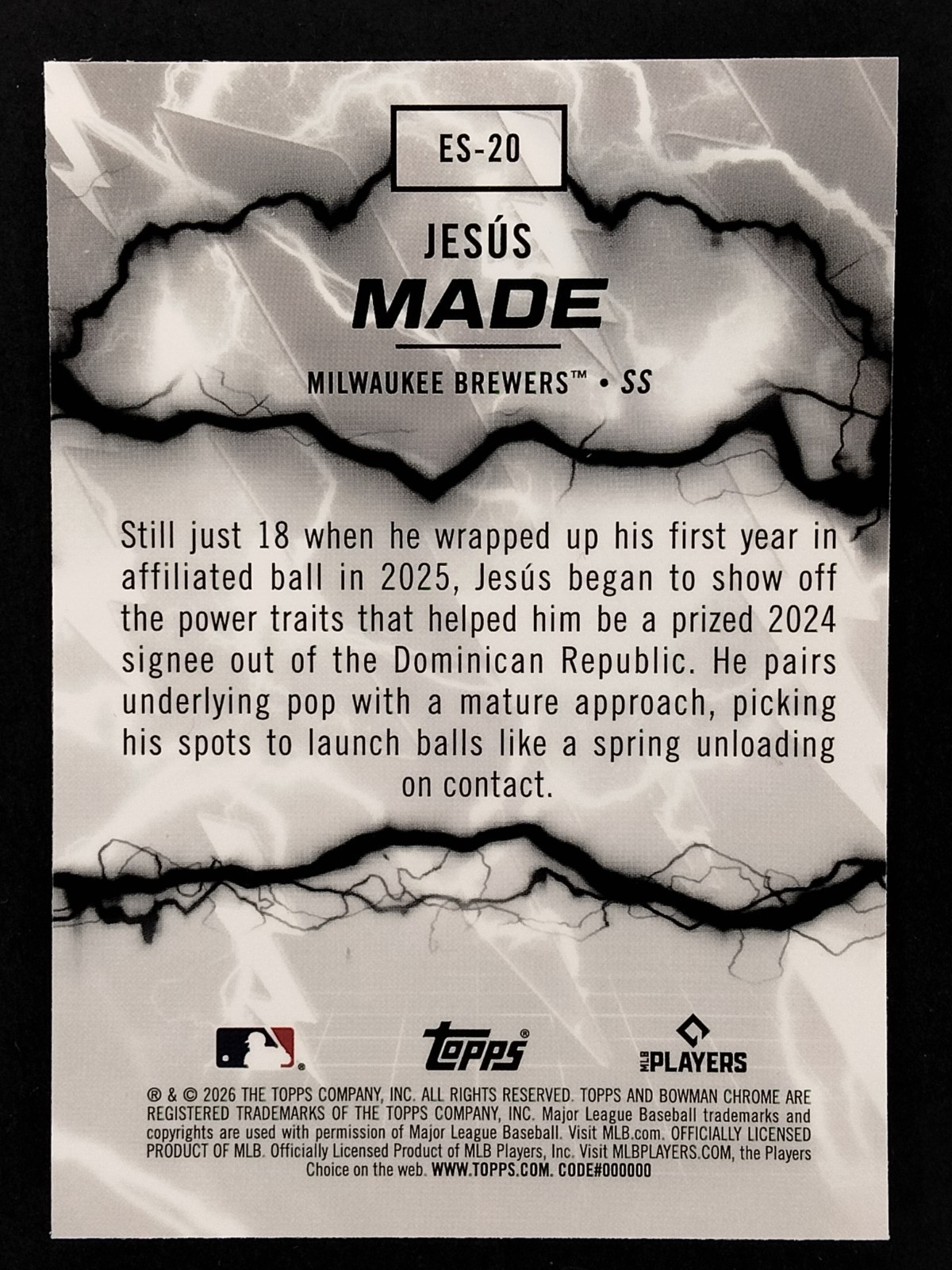 Jesus Made Electric Sluggers 2026 Bowman Chrome ES-20 Brewers
