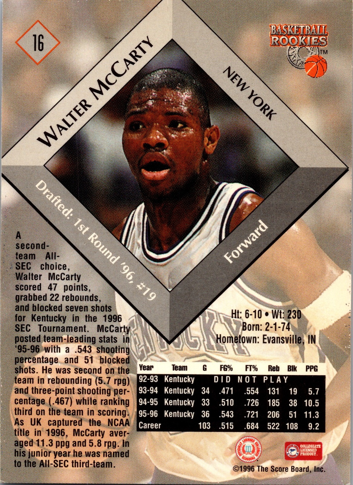 1996 CLASSIC/SCOREBOARD SCORE BOARD BASKETBALL #16 WALTER MCCARTY RC