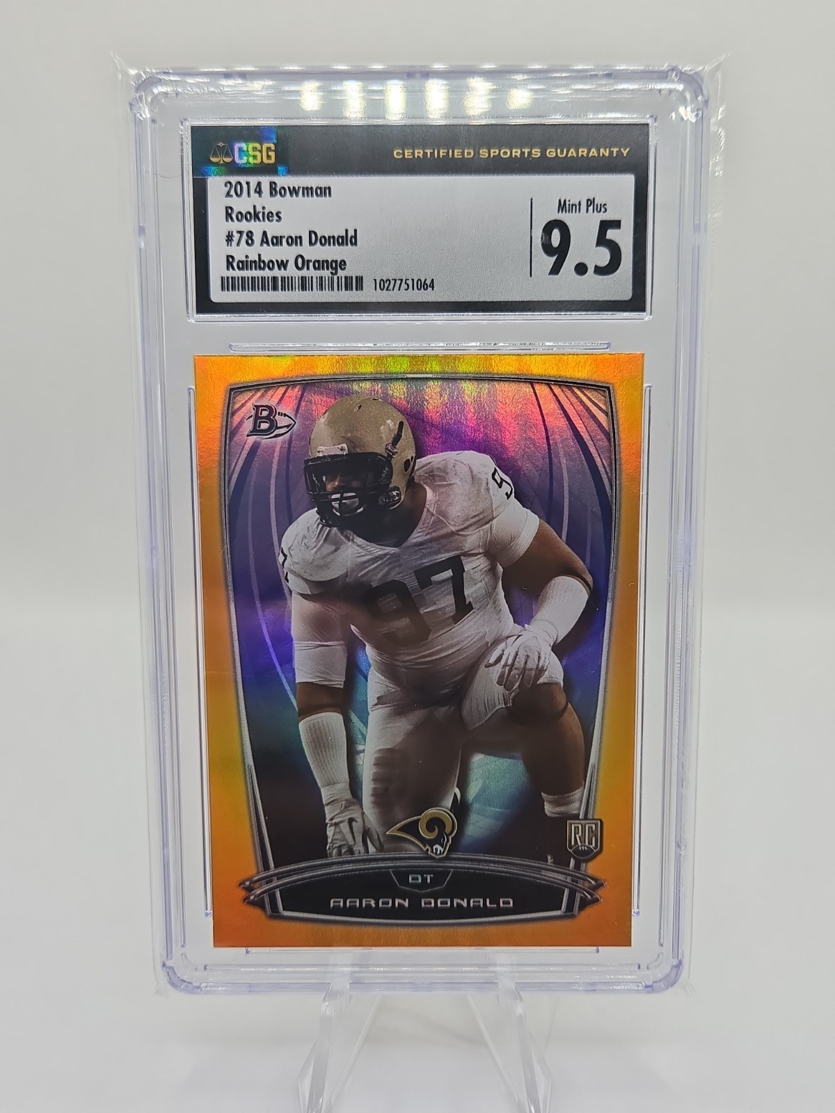 2014 Bowman #78 Aaron Donald Rainbow Orange /299 RC CSG 9.5 Mint Plus HoF Rams