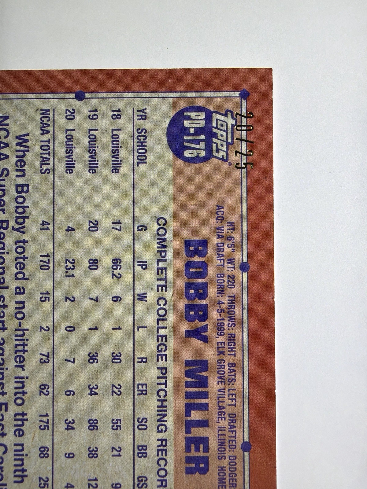 2021 Topps Pro Debut Bobby Miller Orange Auto #20/25 Dodgers Prospect Autograph