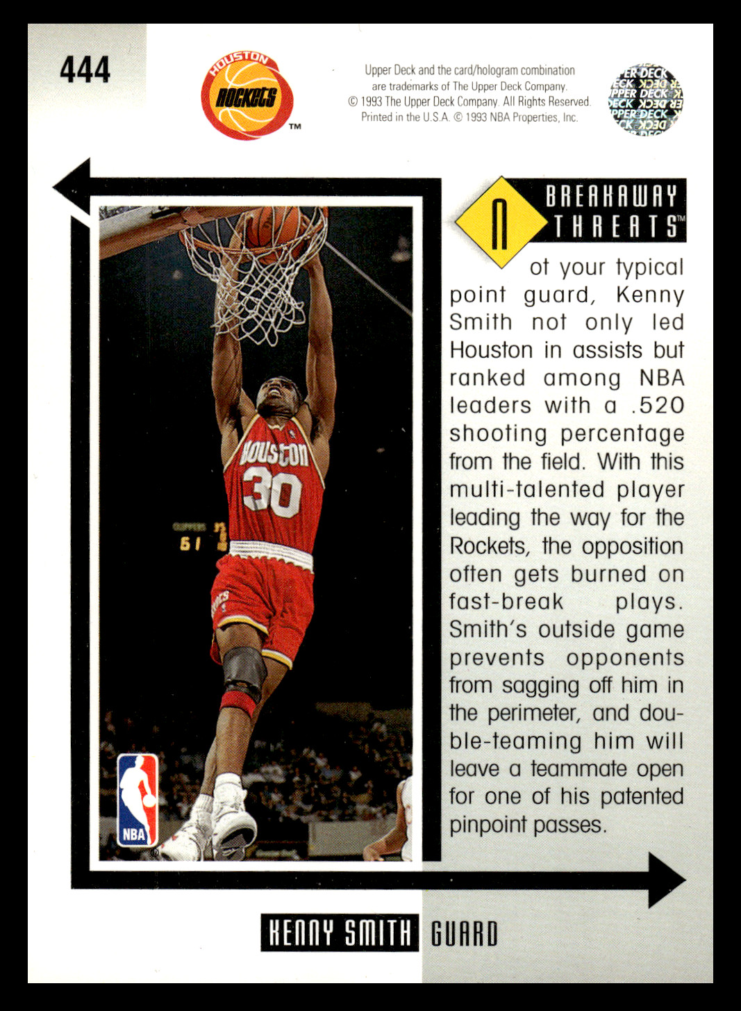 1993-94 Upper Deck Kenny Smith #444 Houston Rockets NBA Basketball Breakaway