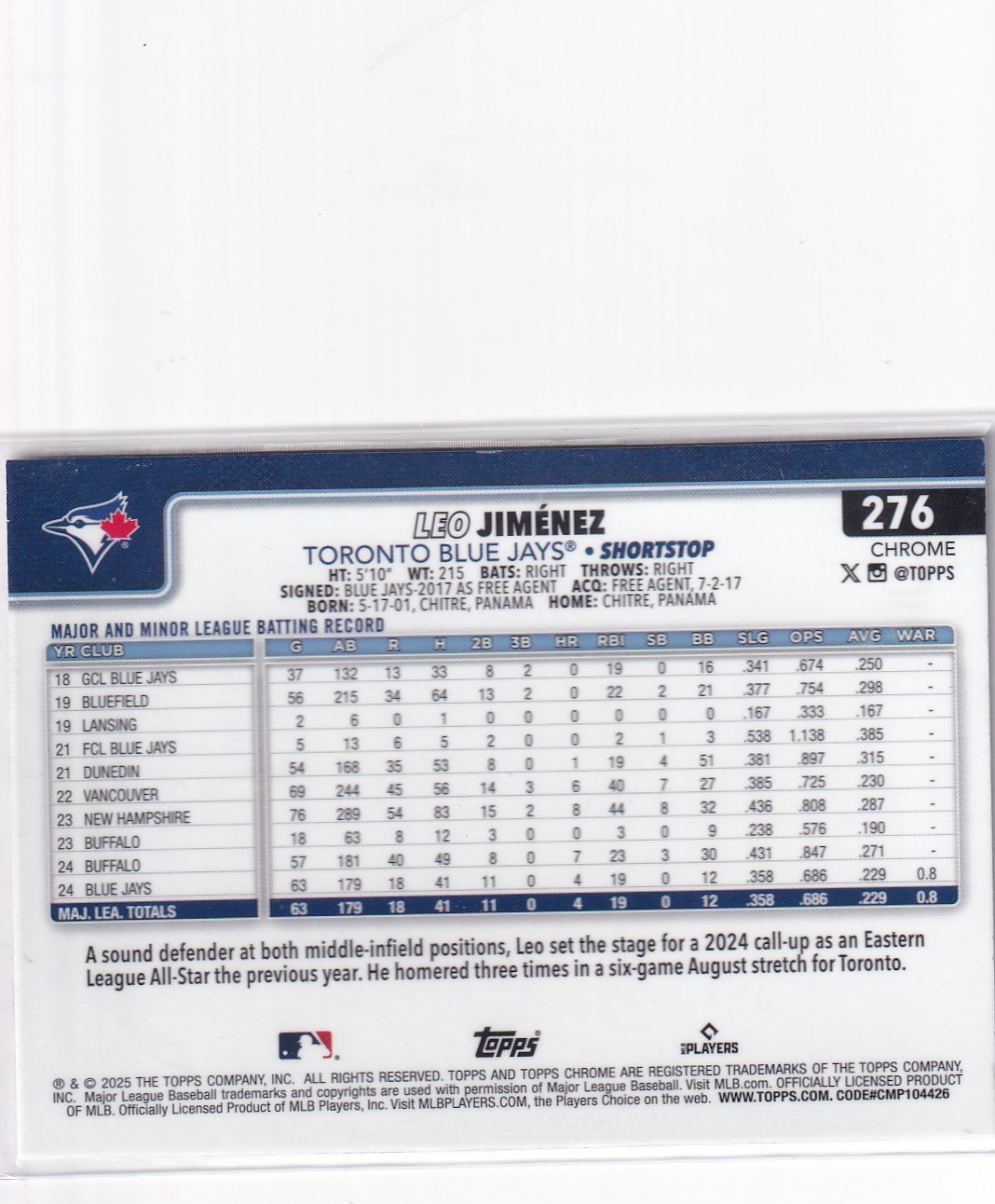 2025 TOPPS CHROME #276 LEO JIMENEZ RAY WAVE- TORONTO BLUE JAYS