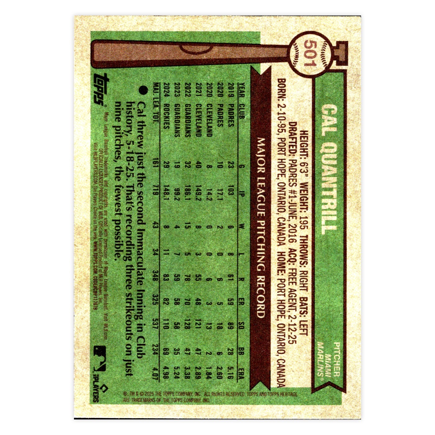 Cal Quantrill Topps Heritage 2025 #501 Miami Marlins