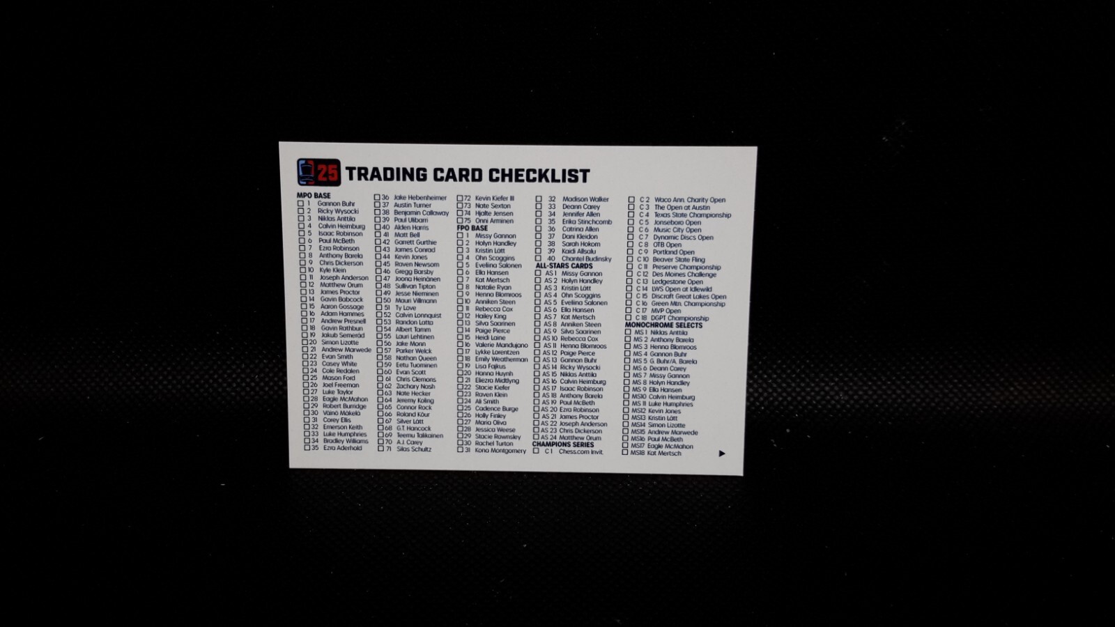 2025 Disc Golf Pro Tour WHITE /25 Parallels Pick your card Complete your set