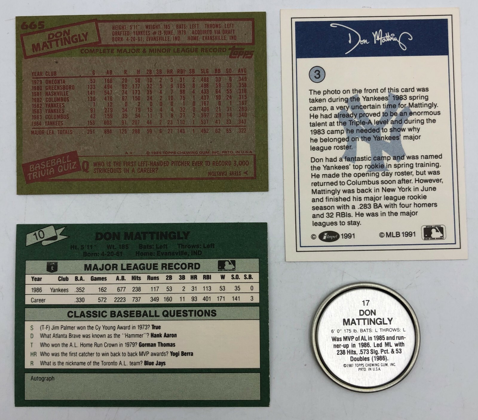 (8) Don Mattingly NY Yankees Odd Ball Baseball Card Insert Coin Parallel Lot
