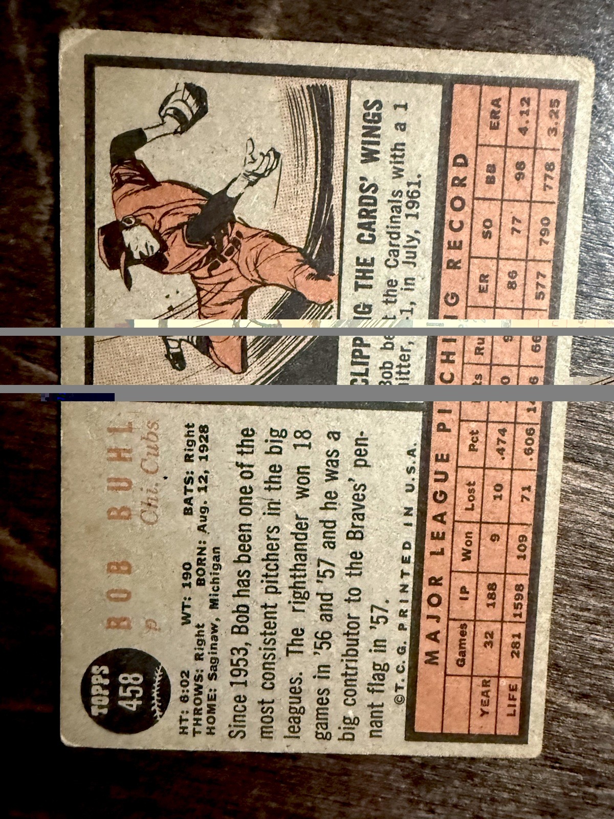 1962 Topps #458 Bob Buhl EX/VG Cubs No Logo on Cap Vintage