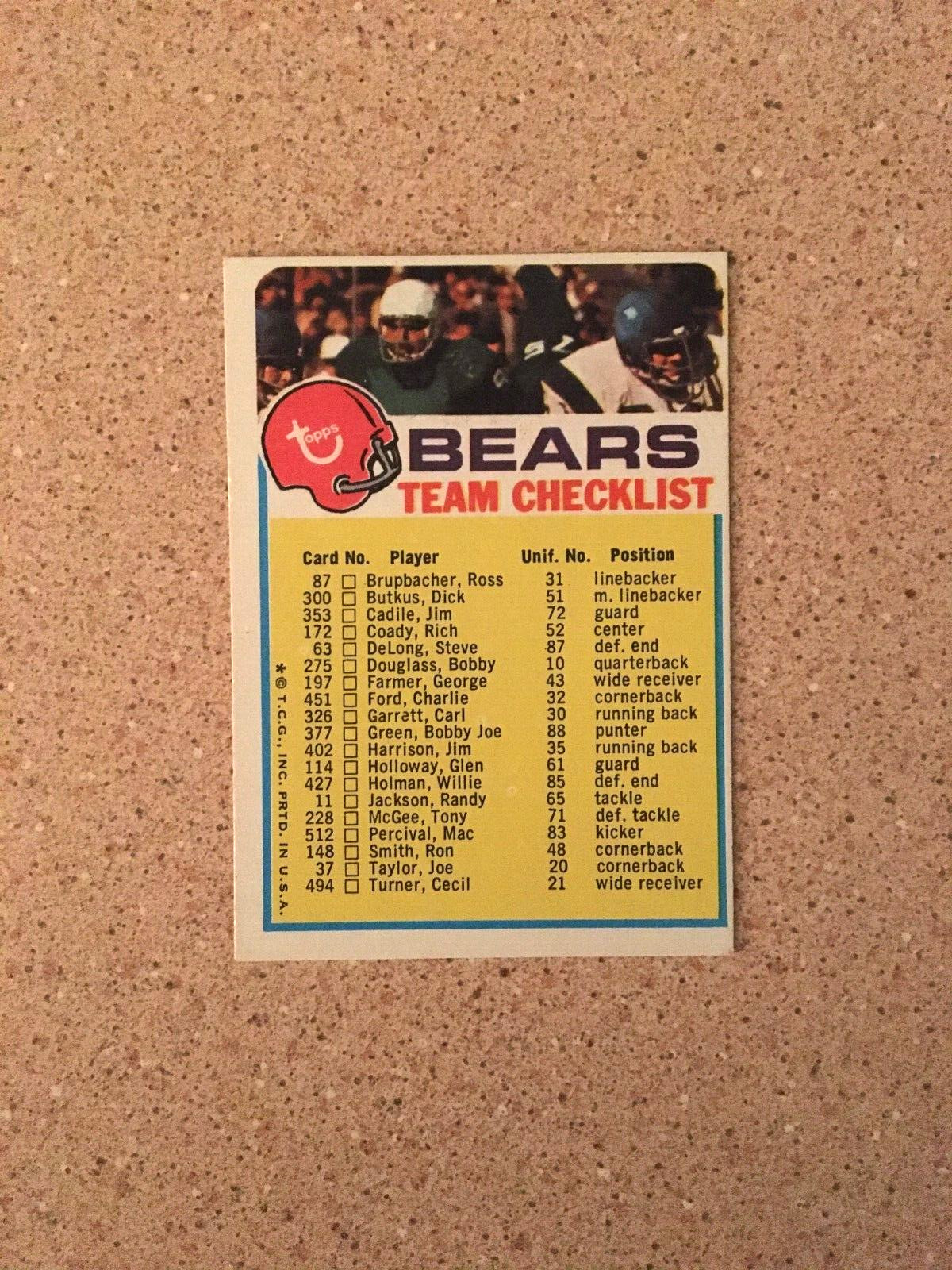 VINTAGE 1973 TOPPS CHICAGO BEARS TEAM CHECKLIST NO MARKS VG