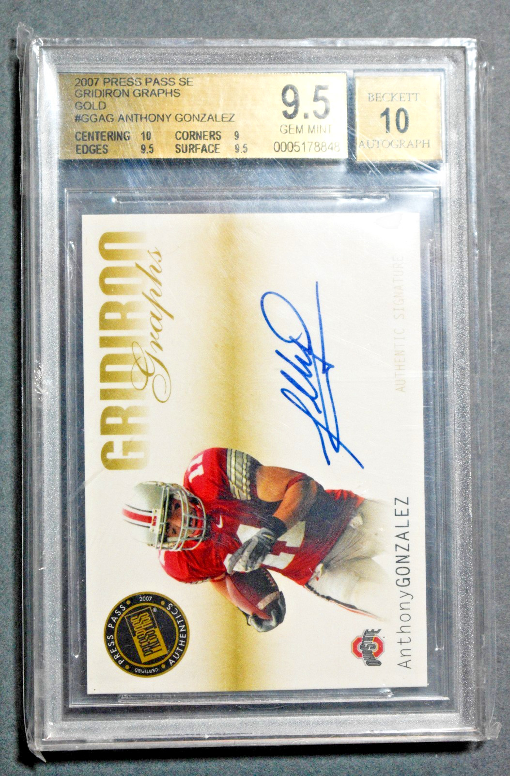 2007 Press Pass SE Gridiron Graphs ANTHONY GONZALEZ Gold Auto BGS 9.5 Congress