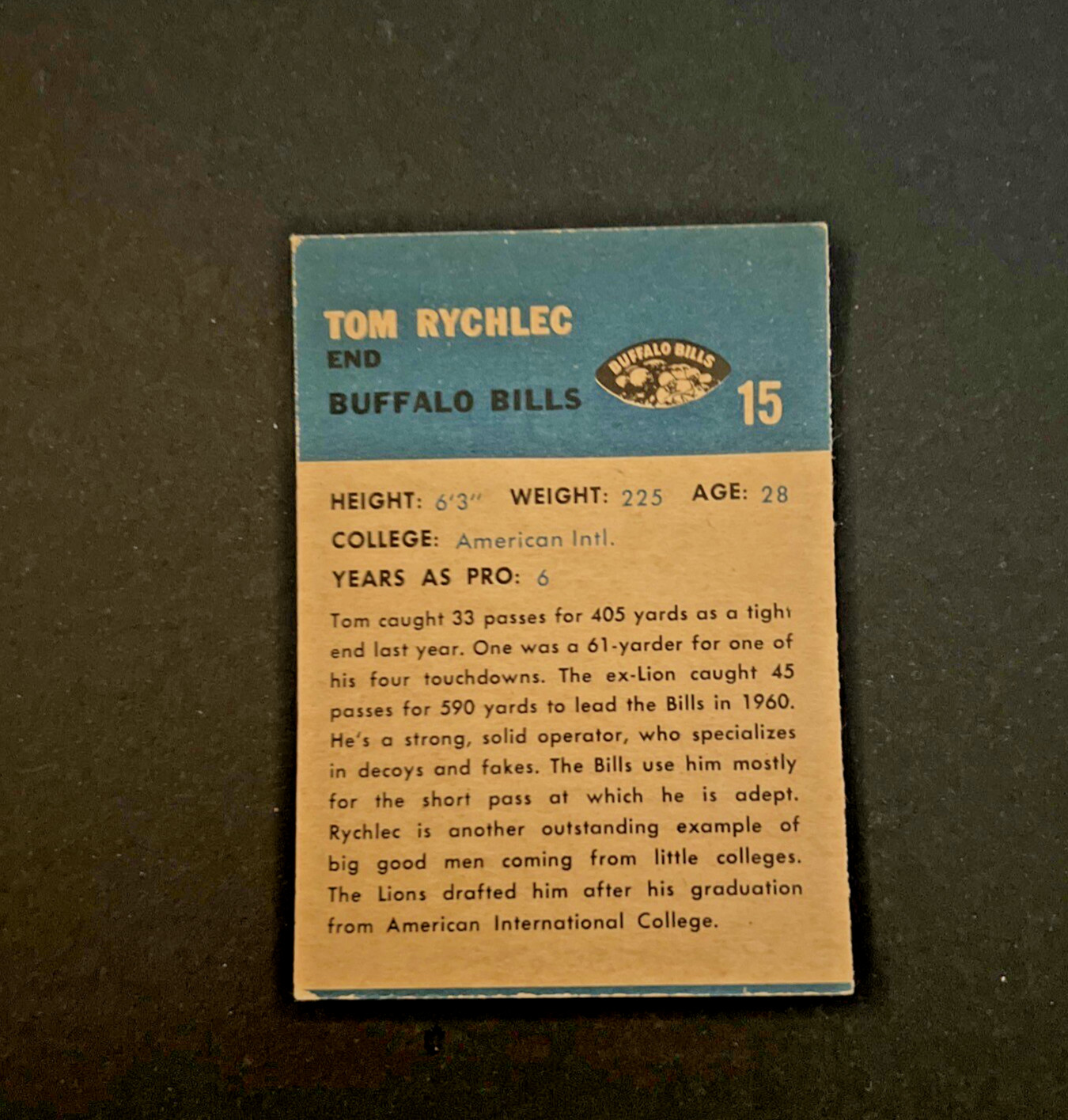 1962 FLEER #15 TOM RYCHLEC BUFFALO BILLS