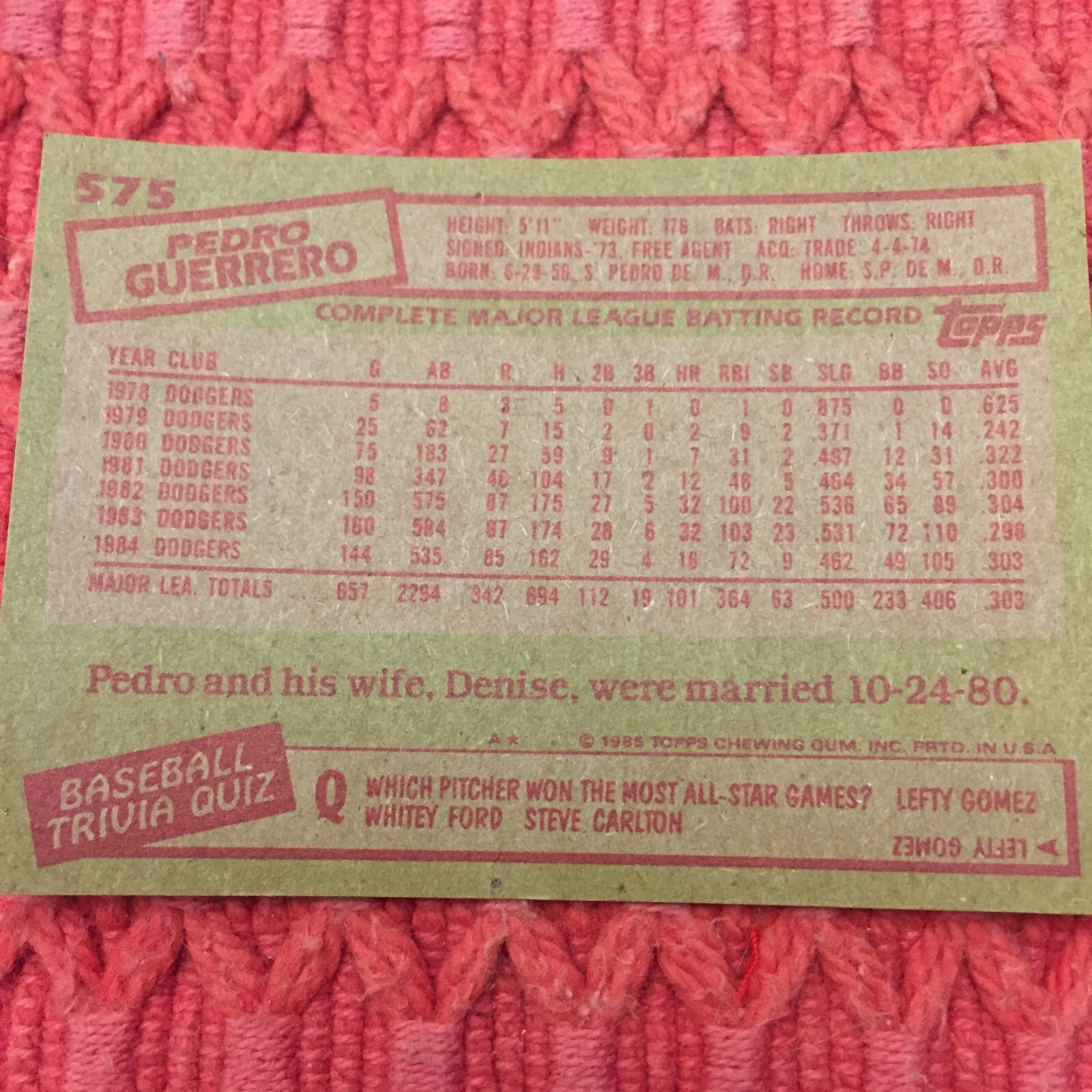Pedro Guerrero #575 Dodgers MLB Vintage Baseball Card Ships Free