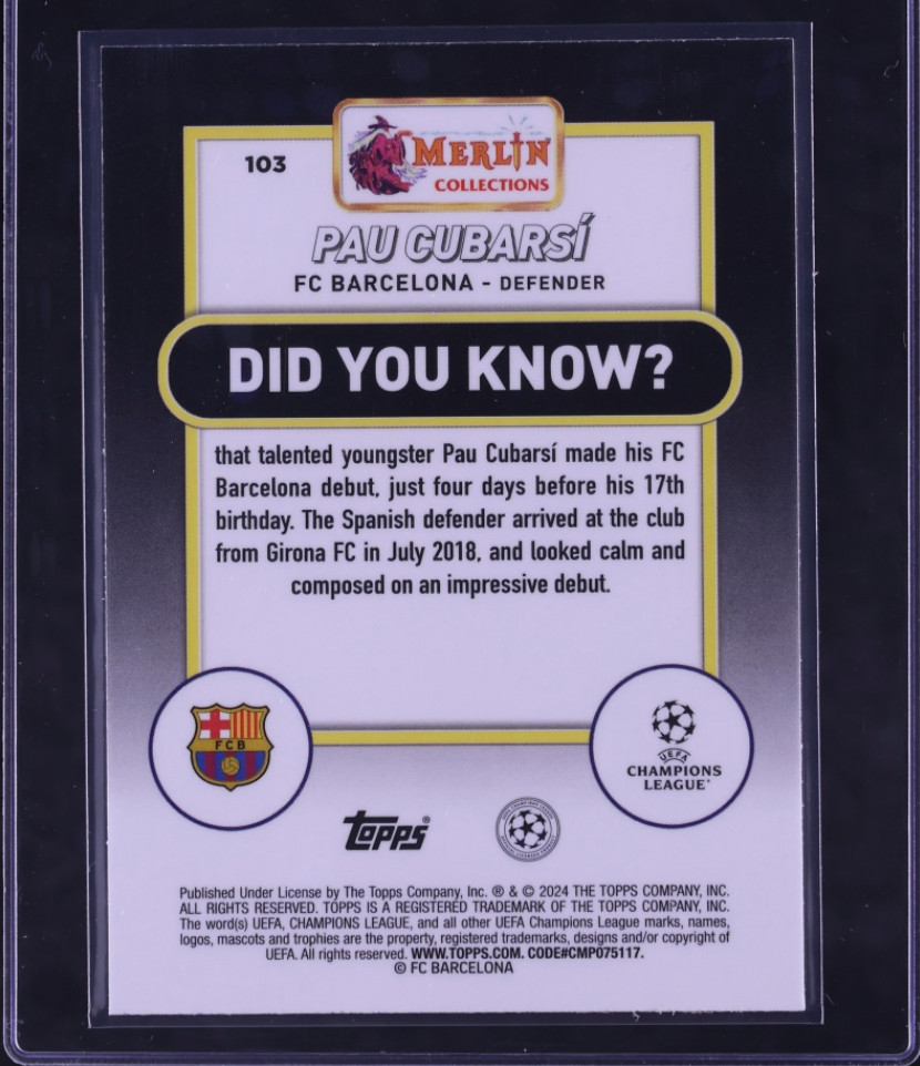 Pau Cubarsi RC #d /50 🇪🇸 2023-24 Topps Merlin UCC Gold Atomic Refractor